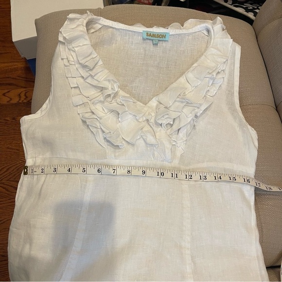 SAMSON Dress Women’s M White Linen Ruffled Neck dress Pockets - Picture 10 of 11